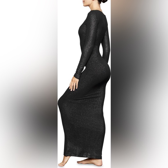 SKIMS Black Soft Lounge Shimmer Long Sleeve Maxi Dress XXS Onyx Foil - Picture 2 of 10
